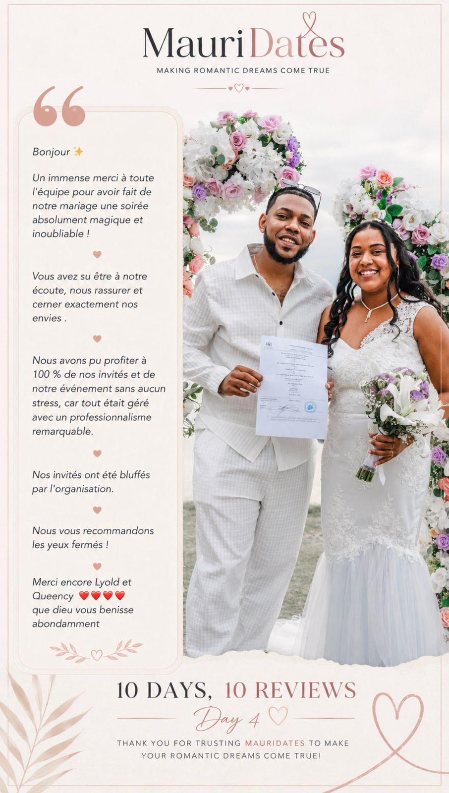 Thank-you note from a couple married on the beach in Mauritius, with a photo of them under the ceremony arch at sunset.